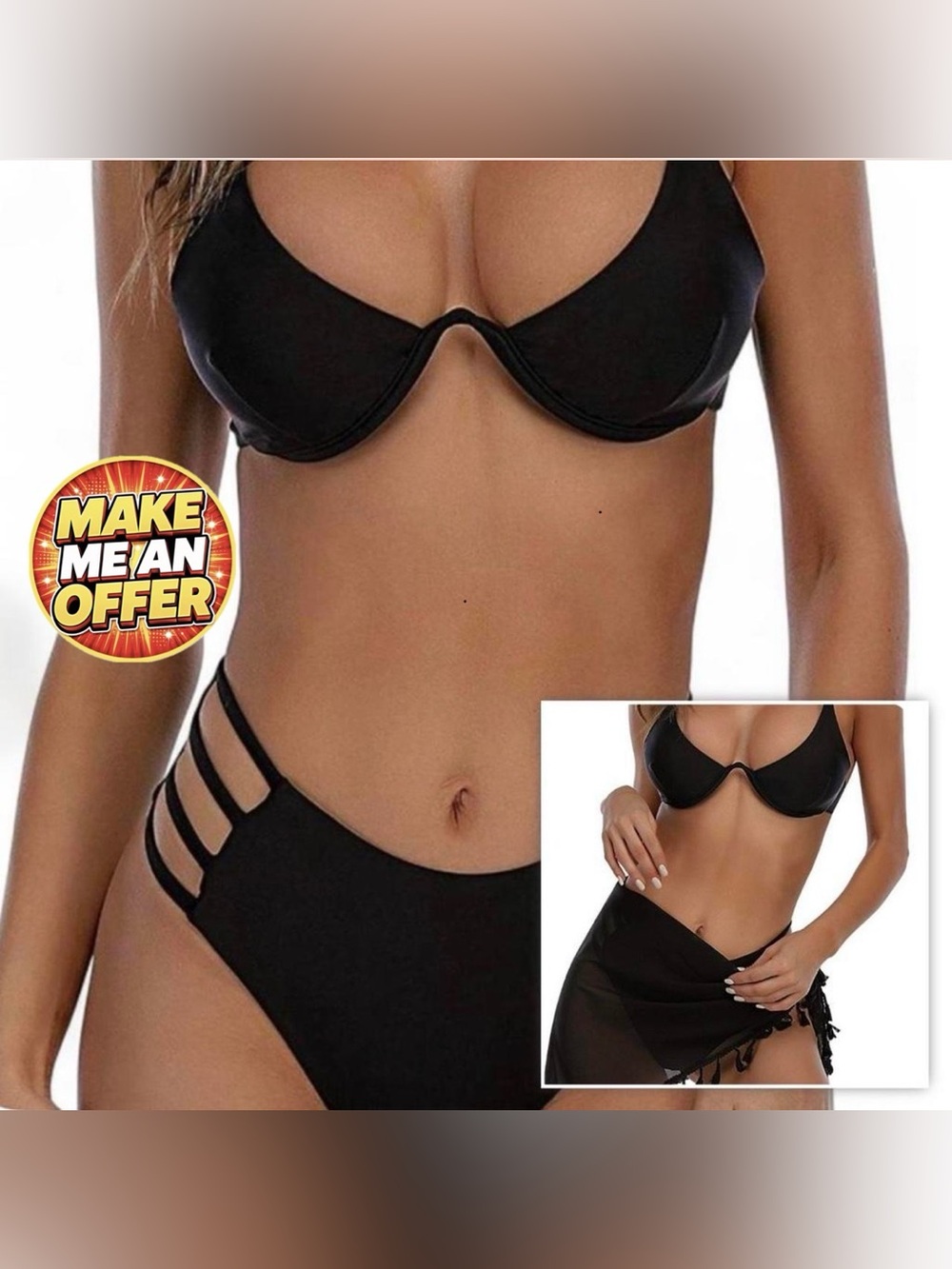 Brand New Black Underwire High Waisted Bikini & Cover Up (3 Piece Set)